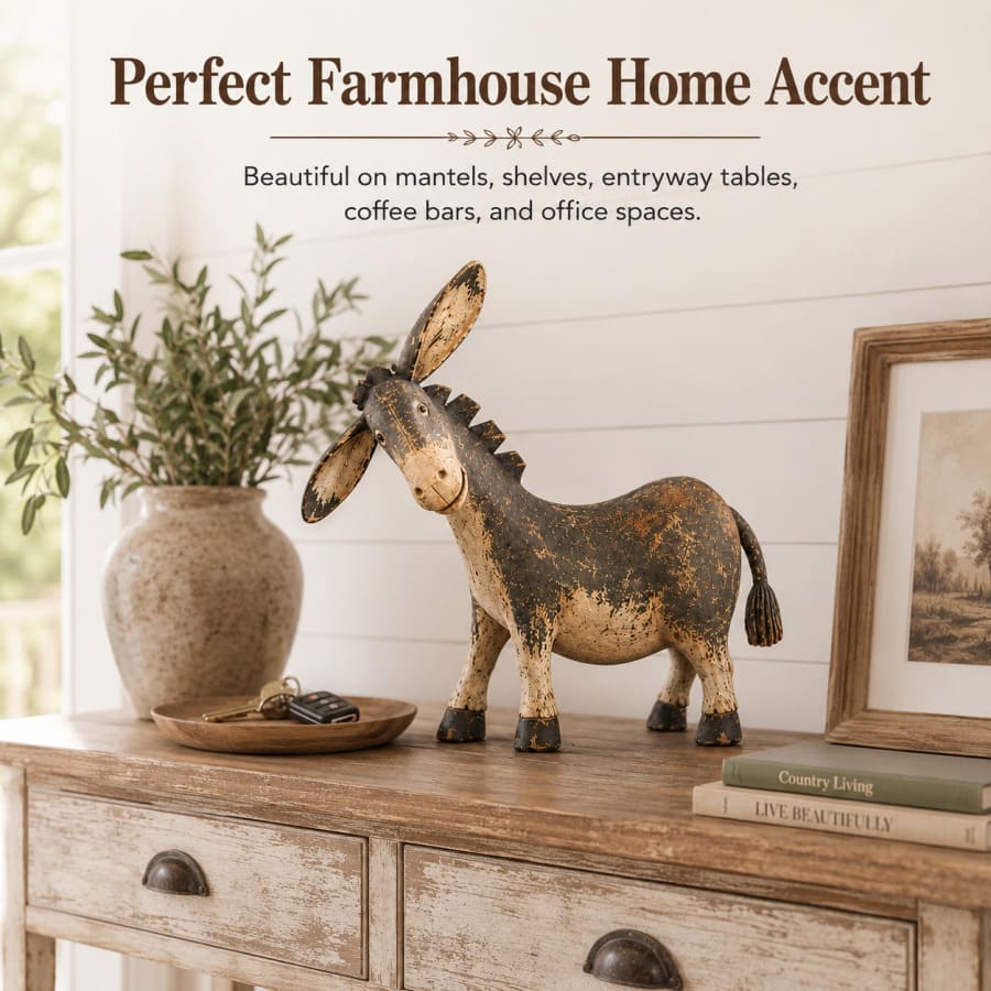 Rustic Donkey Figurine With Distressed Vintage Finish