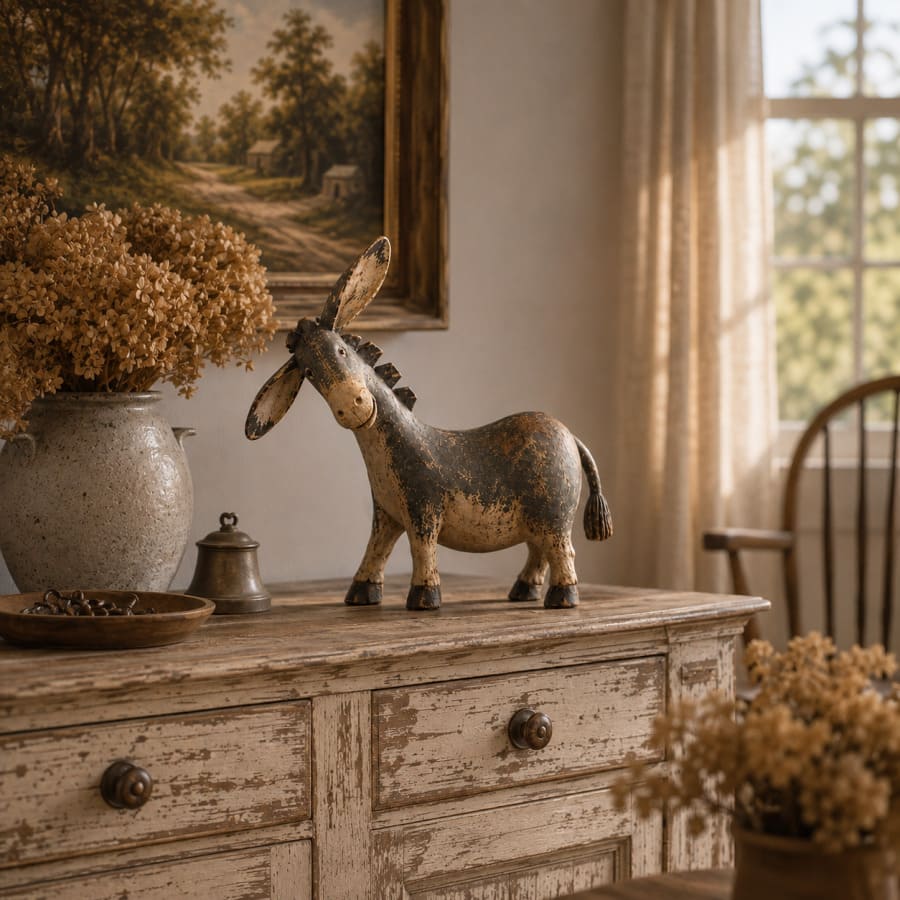 Rustic Donkey Figurine With Distressed Vintage Finish