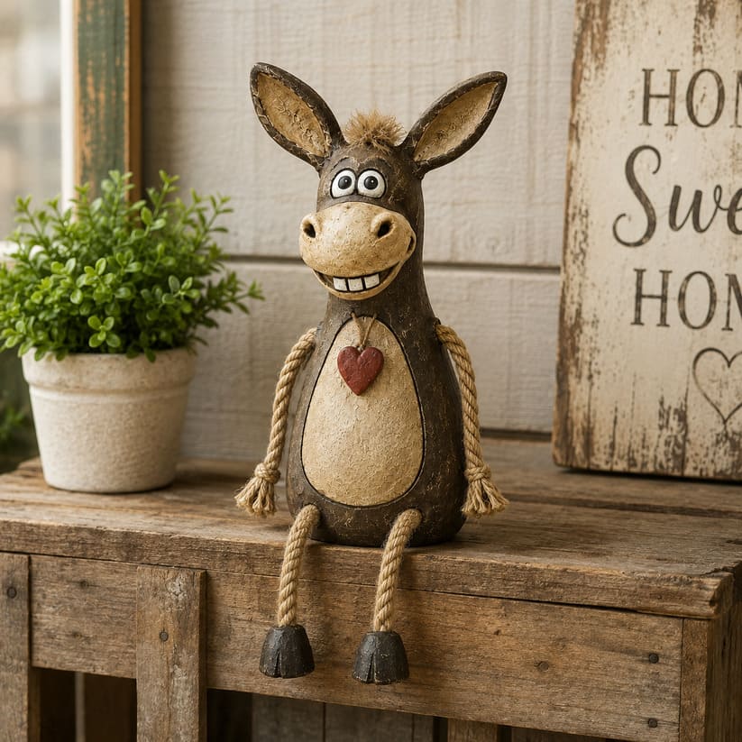 Rustic Donkey Figurine With Dangling Rope Legs