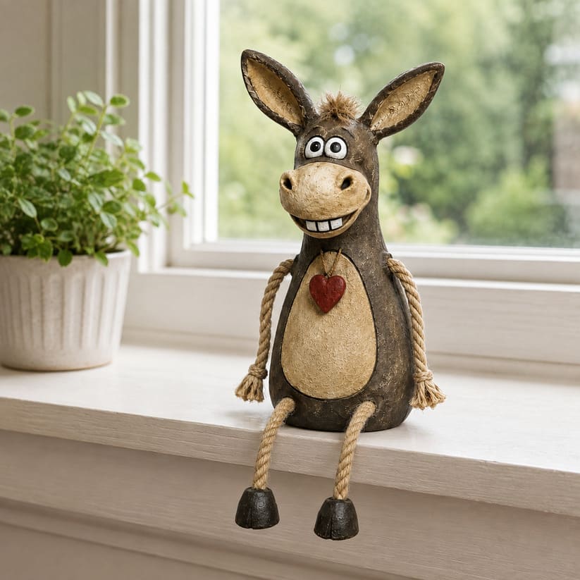 Rustic Donkey Figurine With Dangling Rope Legs