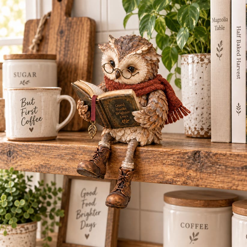 Reading Owl Figurine With Book And Rustic Woodland Details