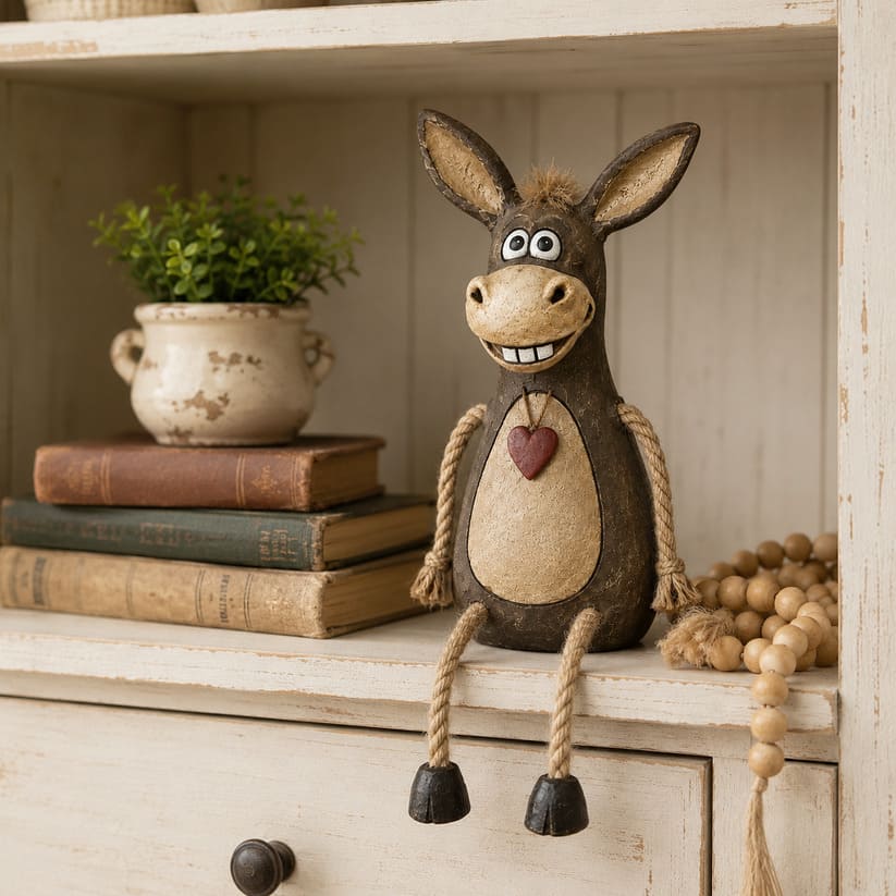 Rustic Donkey Figurine With Dangling Rope Legs