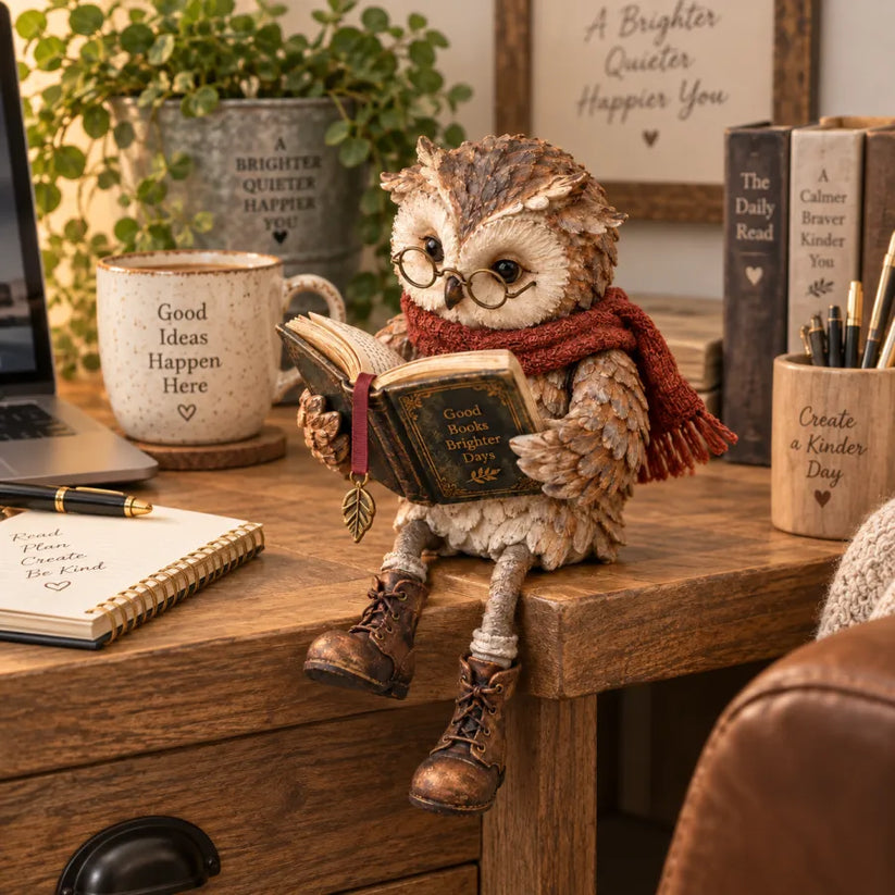 Reading Owl Figurine With Book And Rustic Woodland Details