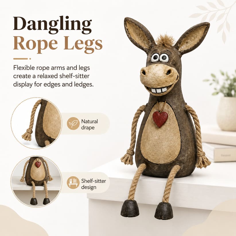 Rustic Donkey Figurine With Dangling Rope Legs
