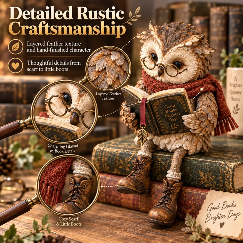 Reading Owl Figurine With Book And Rustic Woodland Details