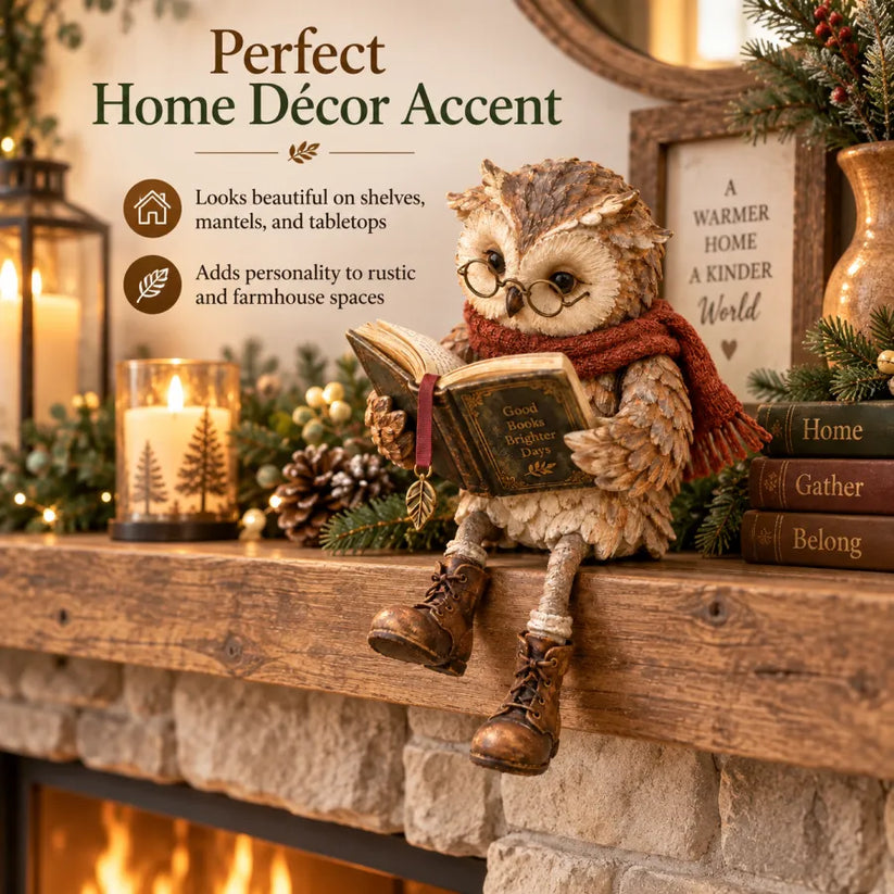 Reading Owl Figurine With Book And Rustic Woodland Details
