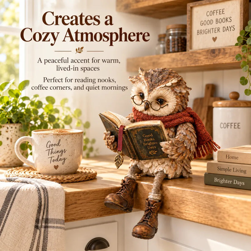 Reading Owl Figurine With Book And Rustic Woodland Details