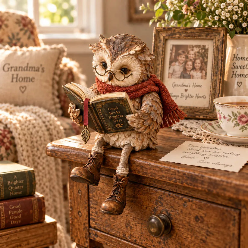 Reading Owl Figurine With Book And Rustic Woodland Details