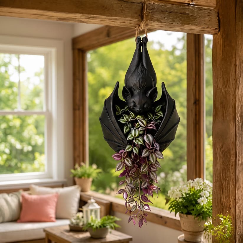 Gothic Bat Hanging Planter for Halloween Porch Decor