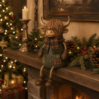 Festive Highland Cow Shelf Decor With Tartan Scarf