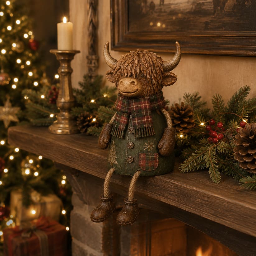Festive Highland Cow Shelf Decor With Tartan Scarf