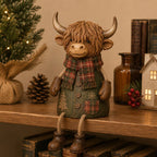 Festive Highland Cow Shelf Decor With Tartan Scarf