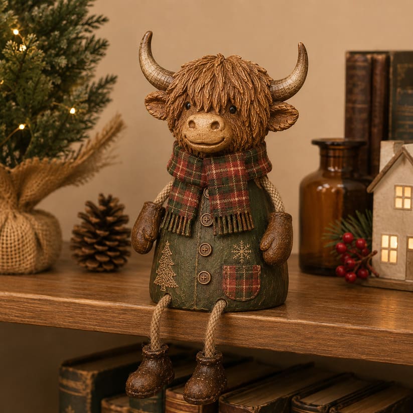 Festive Highland Cow Shelf Decor With Tartan Scarf