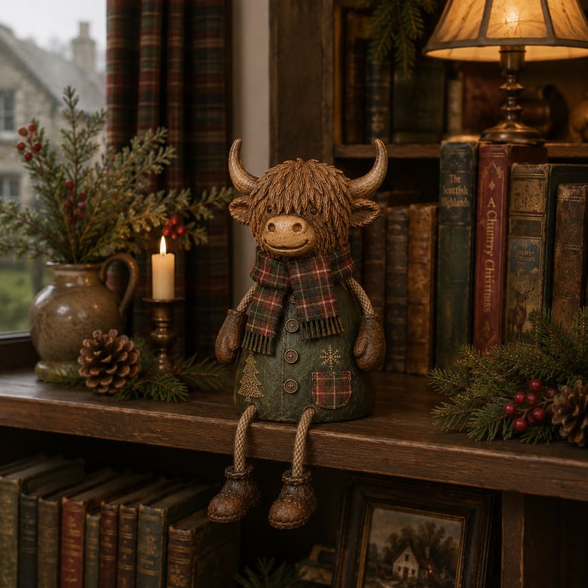 Festive Highland Cow Shelf Decor With Tartan Scarf
