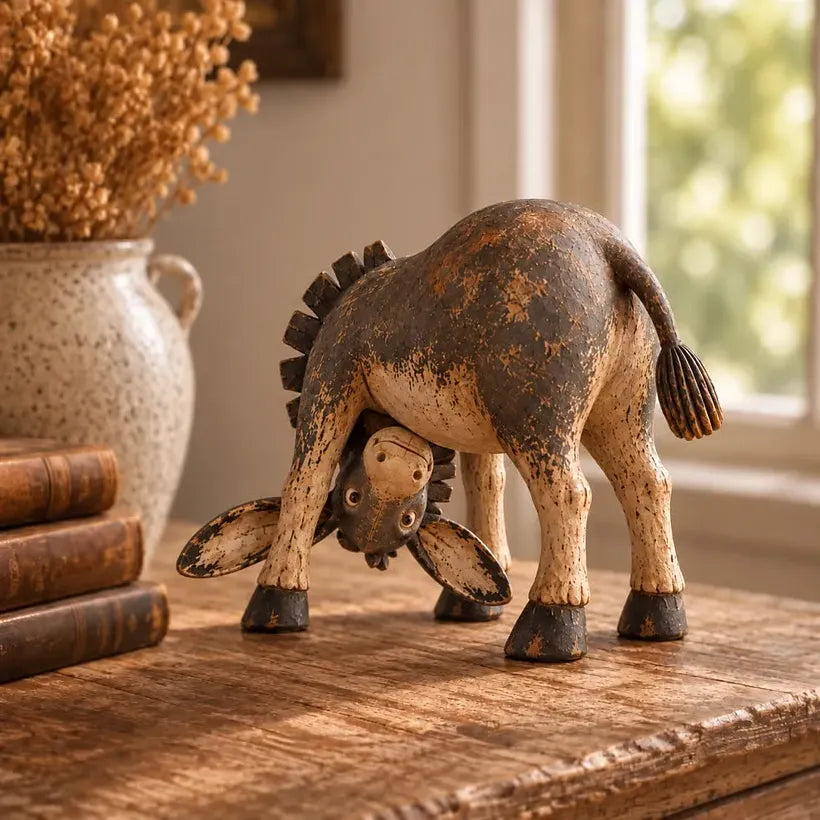Rustic Donkey Figurine With Distressed Vintage Finish