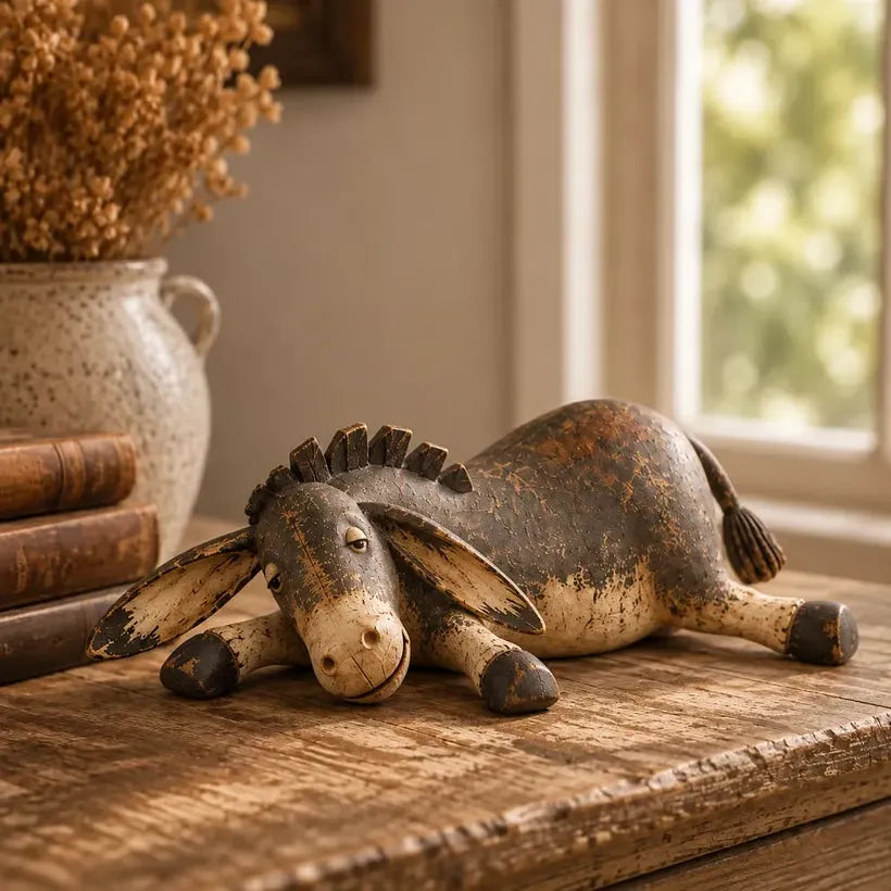 Rustic Donkey Figurine With Distressed Vintage Finish
