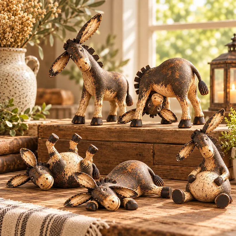 Rustic Donkey Figurine With Distressed Vintage Finish