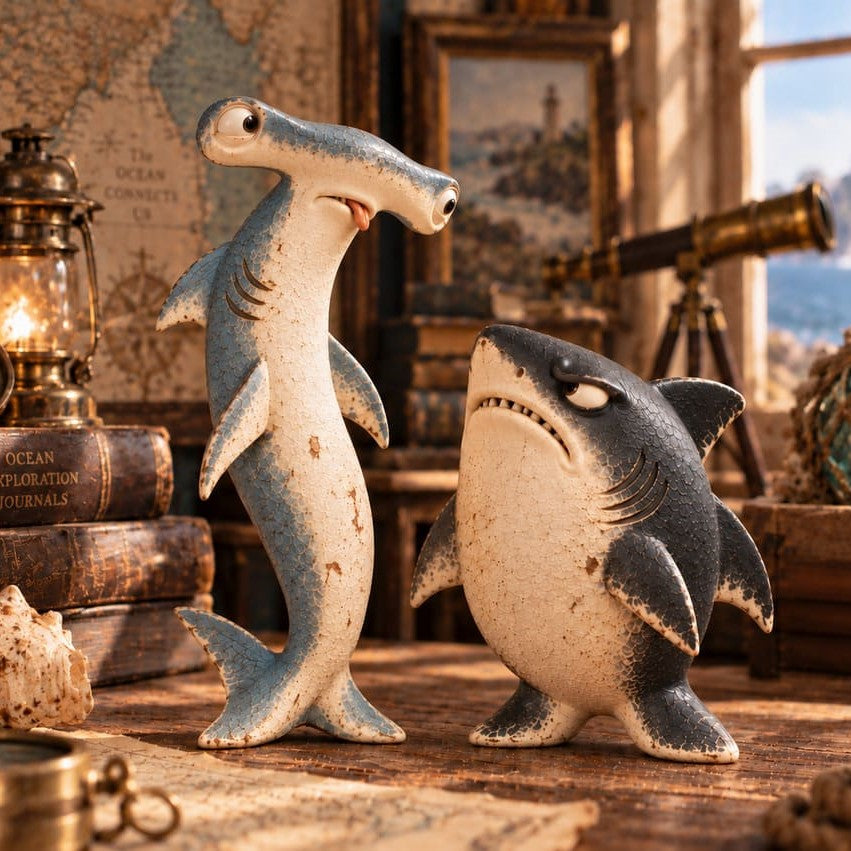 Odd Shark Duo Figurines With Vintage Coastal Style Home Decor