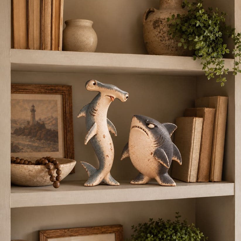 Odd Shark Duo Figurines With Vintage Coastal Style Home Decor