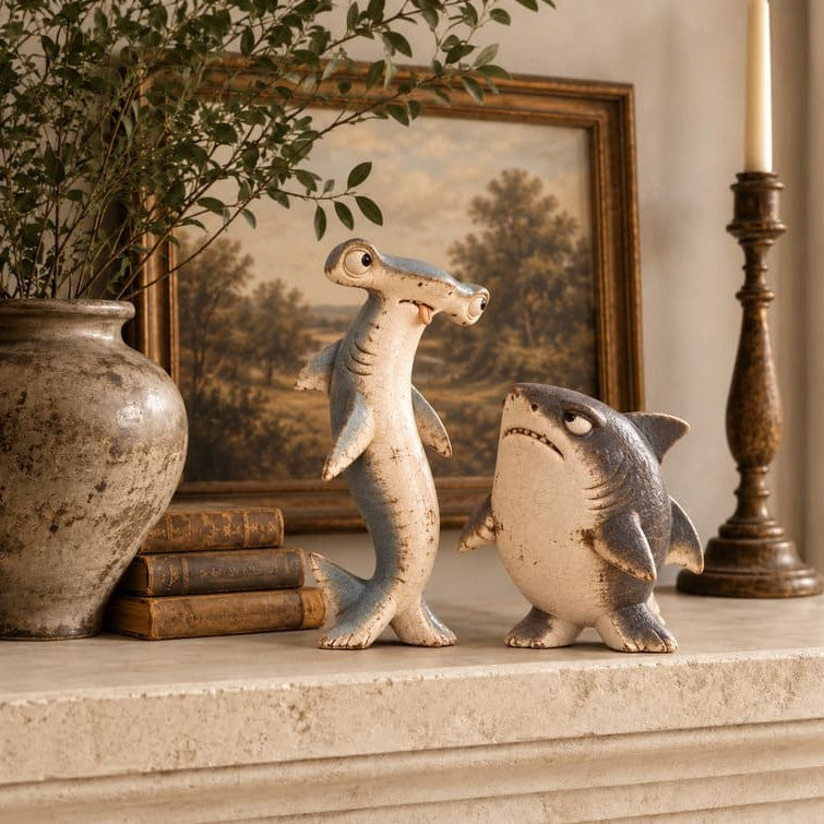 Odd Shark Duo Figurines With Vintage Coastal Style Home Decor