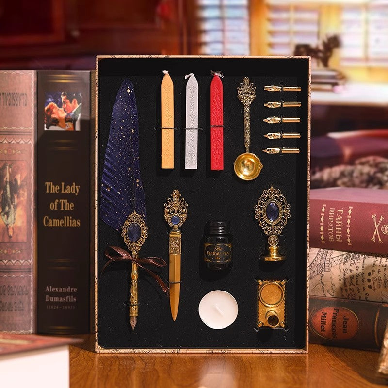 Magic Gemstone Feather Quill Pen Set – Vintage Calligraphy Pen & Wax Seal Gift Collection