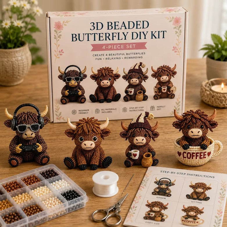 DIY 3D Beaded Highland Cow Embroidery Kit – Handmade Craft Set