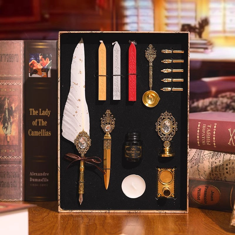 Magic Gemstone Feather Quill Pen Set – Vintage Calligraphy Pen & Wax Seal Gift Collection