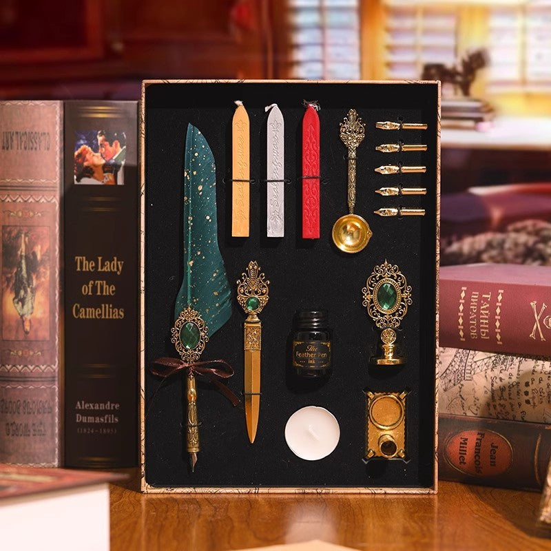 Magic Gemstone Feather Quill Pen Set – Vintage Calligraphy Pen & Wax Seal Gift Collection