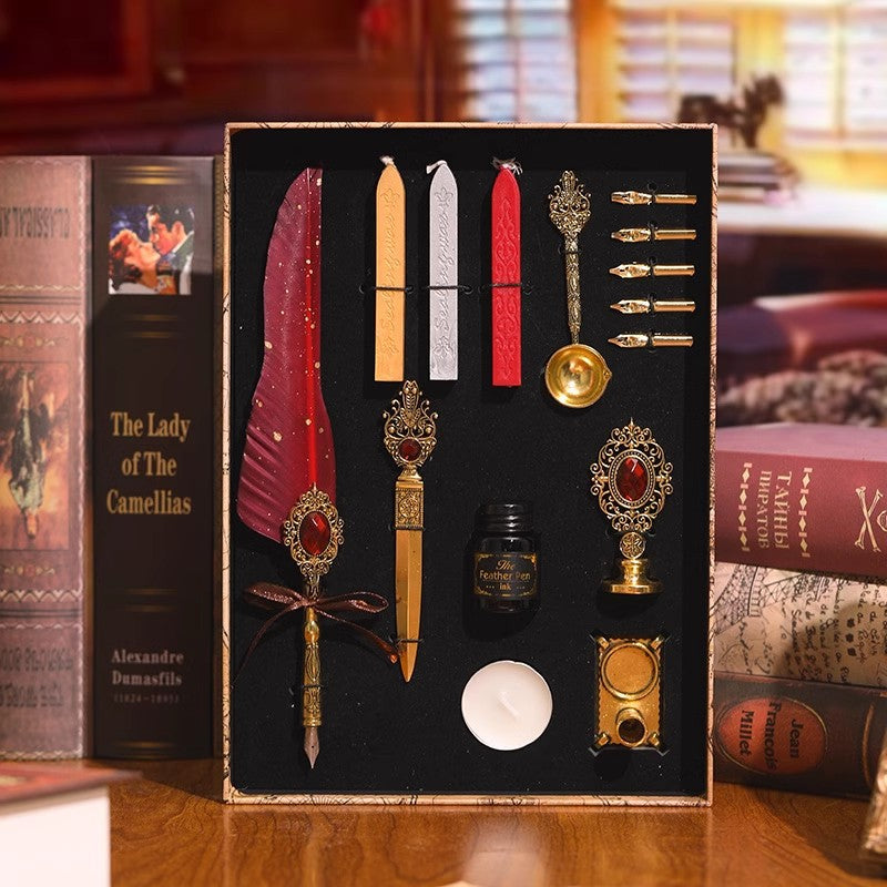 Magic Gemstone Feather Quill Pen Set – Vintage Calligraphy Pen & Wax Seal Gift Collection