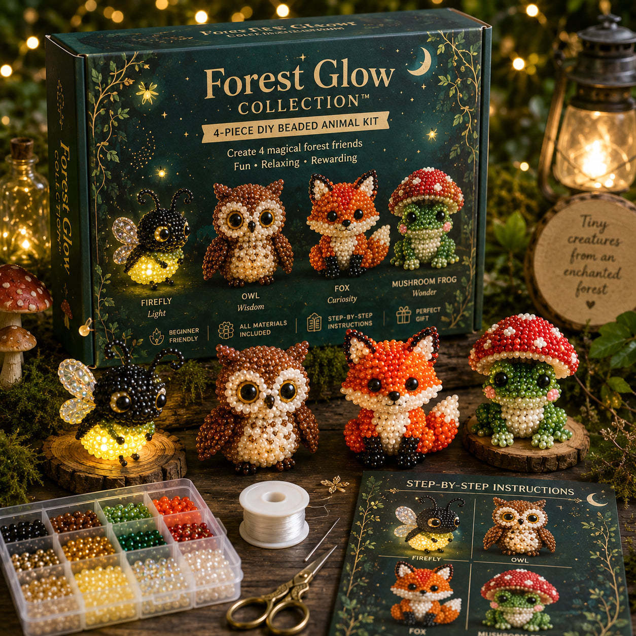 DIY 3D Beaded Forest Animals Embroidery Kit – 4PCS Handmade Craft Set