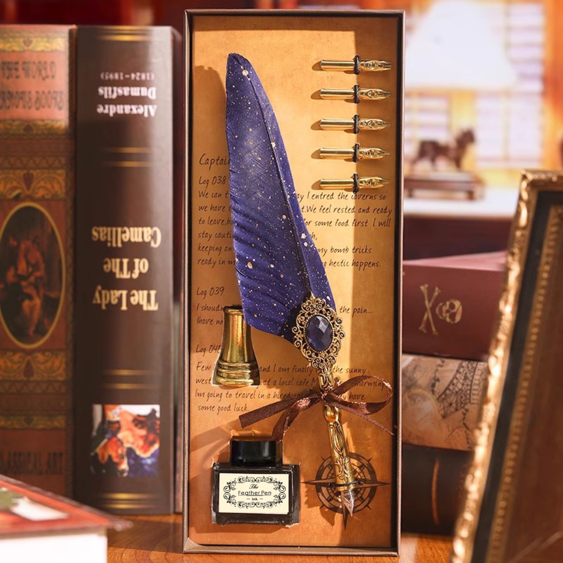 Magic Gemstone Feather Quill Pen Set – Vintage Calligraphy Pen & Wax Seal Gift Collection