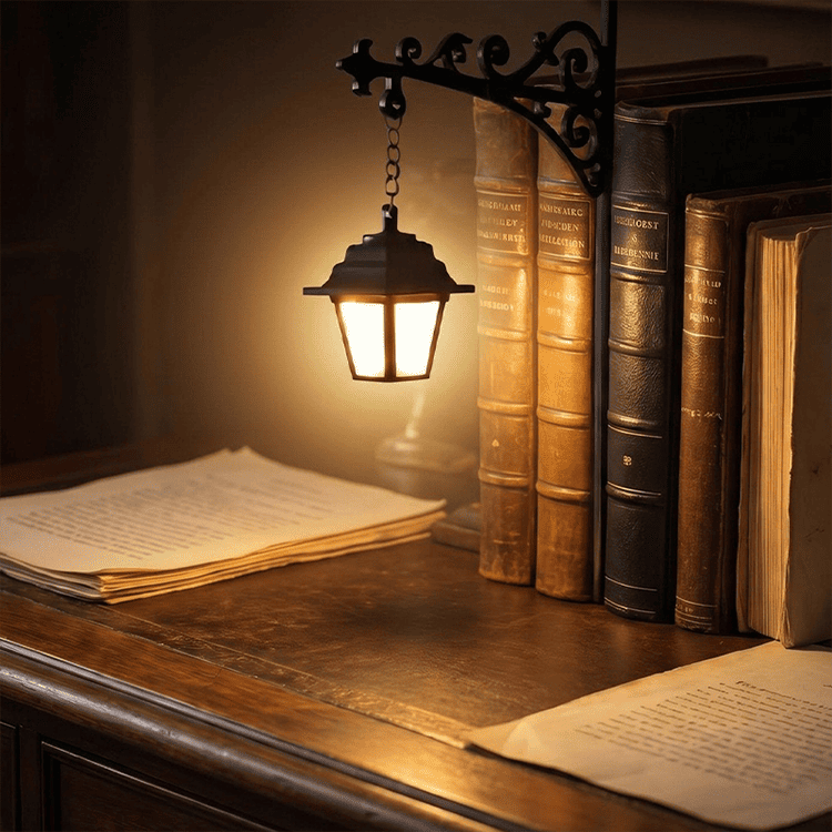 Vintage Street Lamp Bookend with Warm Light – Retro Bookshelf Decor