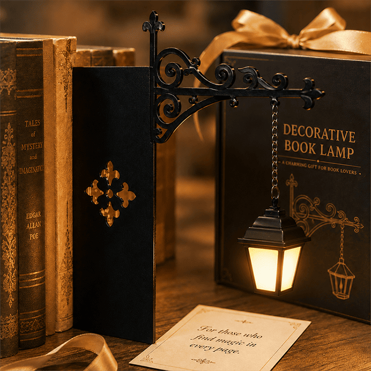 Vintage Street Lamp Bookend with Warm Light – Retro Bookshelf Decor