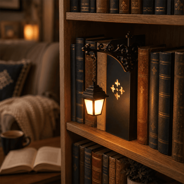 Vintage Street Lamp Bookend with Warm Light – Retro Bookshelf Decor