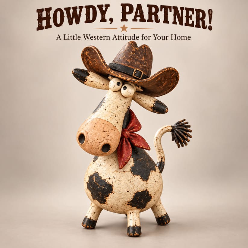 Funny Cowboy Cow Figurine for Rustic Farmhouse Decor