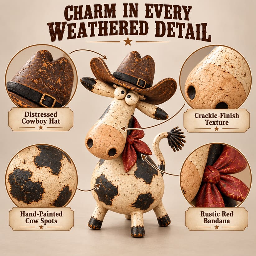 Funny Cowboy Cow Figurine for Rustic Farmhouse Decor