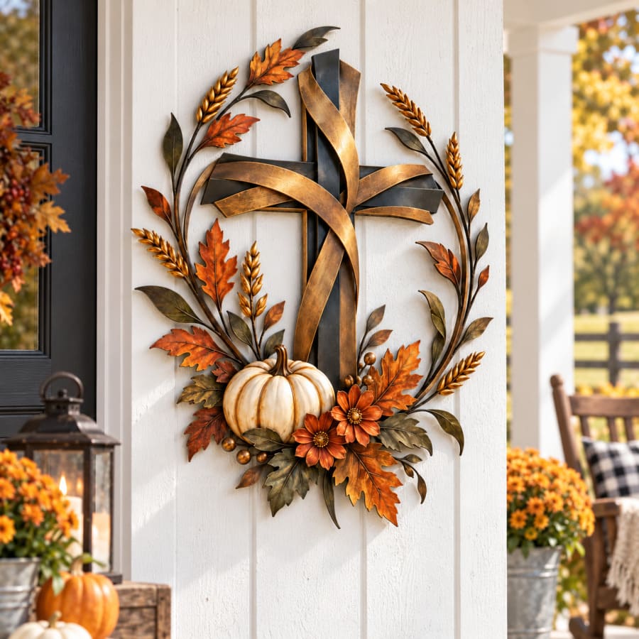 2D Autumn Cross And Pumpkin Harvest Metal Wall Decor