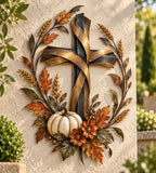 2D Autumn Cross And Pumpkin Harvest Metal Wall Decor