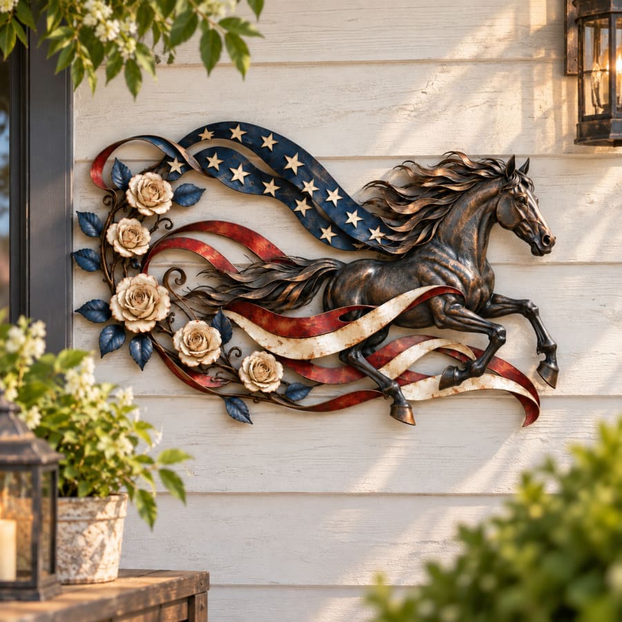 Patriotic Horse American Flag Metal Wall Decor For Western Homes