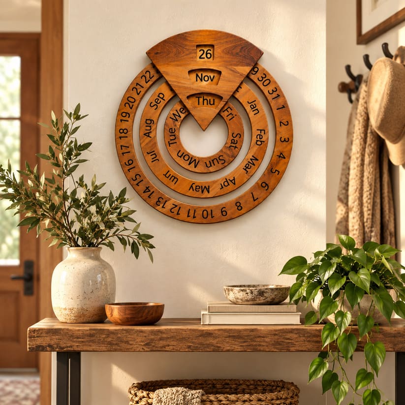 Vintage Wooden Perpetual Calendar for Desk and Shelf Decor