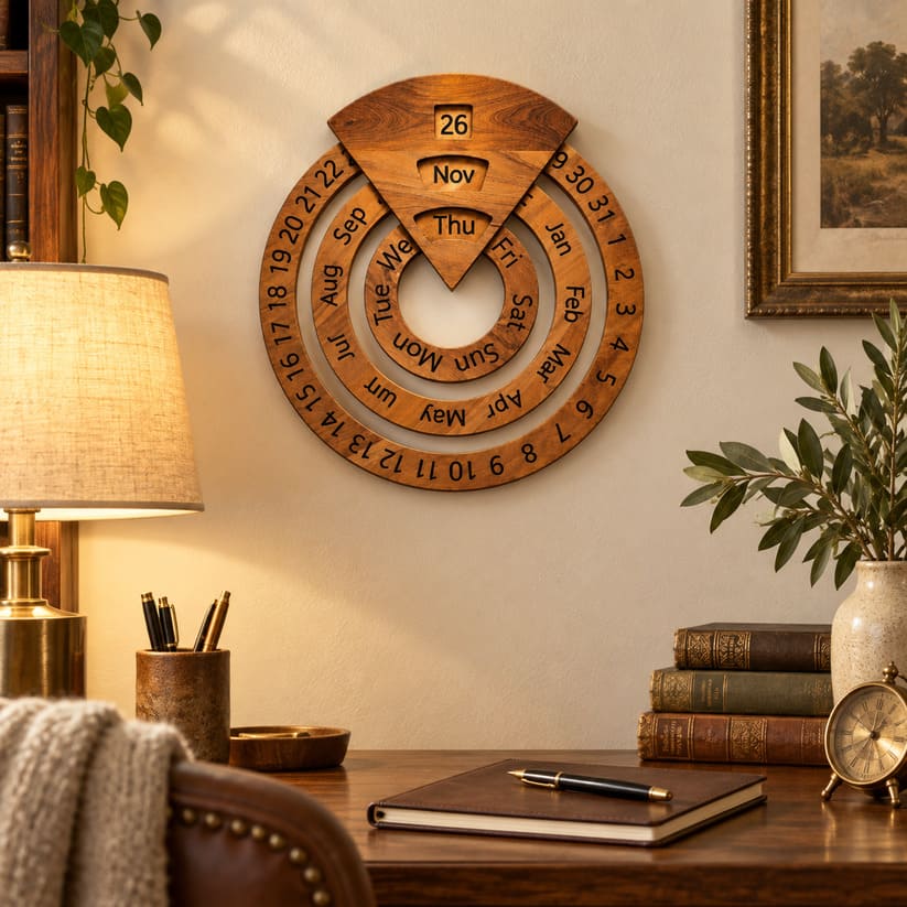 Vintage Wooden Perpetual Calendar for Desk and Shelf Decor