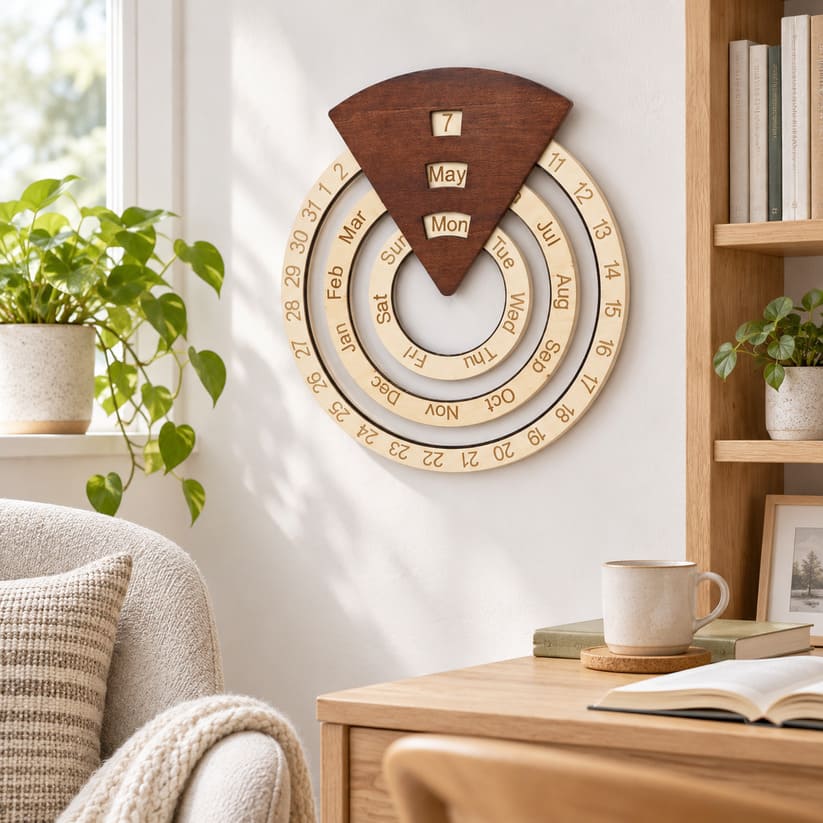 Vintage Wooden Perpetual Calendar for Desk and Shelf Decor