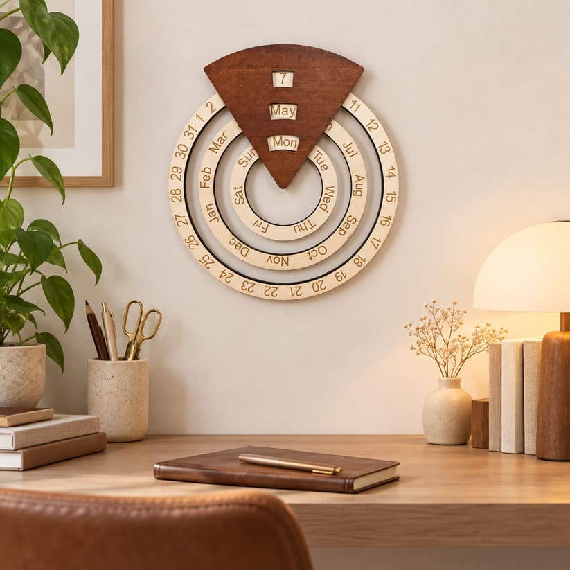 Vintage Wooden Perpetual Calendar for Desk and Shelf Decor