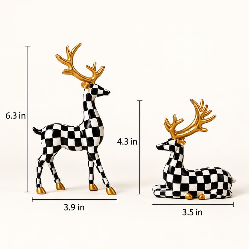 Black And White Checkered Deer Figurines Set For Christmas Decor
