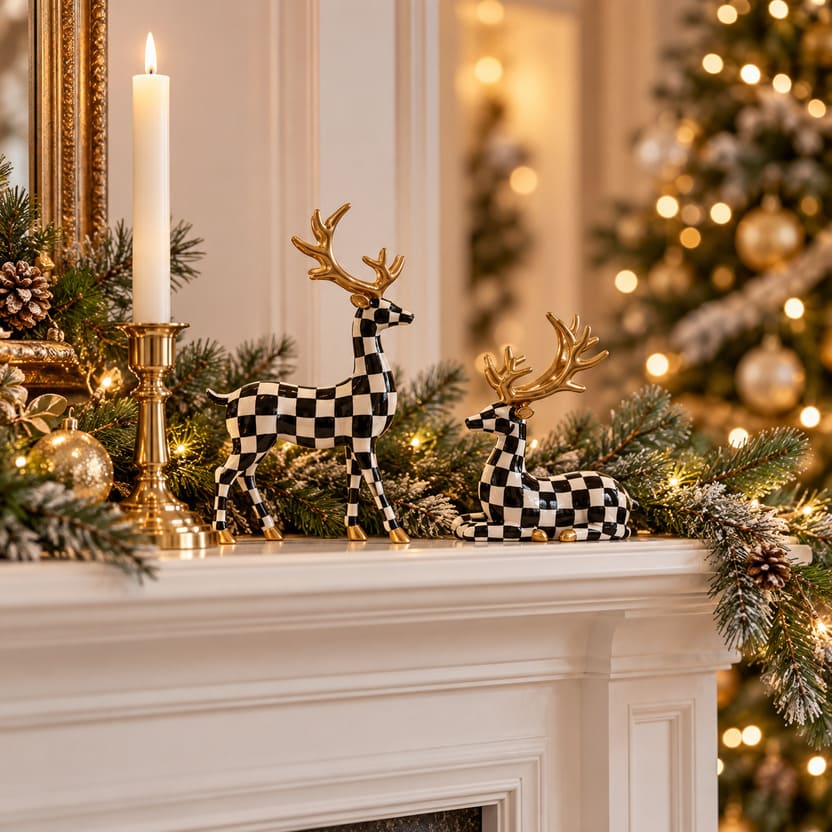 Black And White Checkered Deer Figurines Set For Christmas Decor