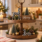 Black And White Checkered Deer Figurines Set For Christmas Decor
