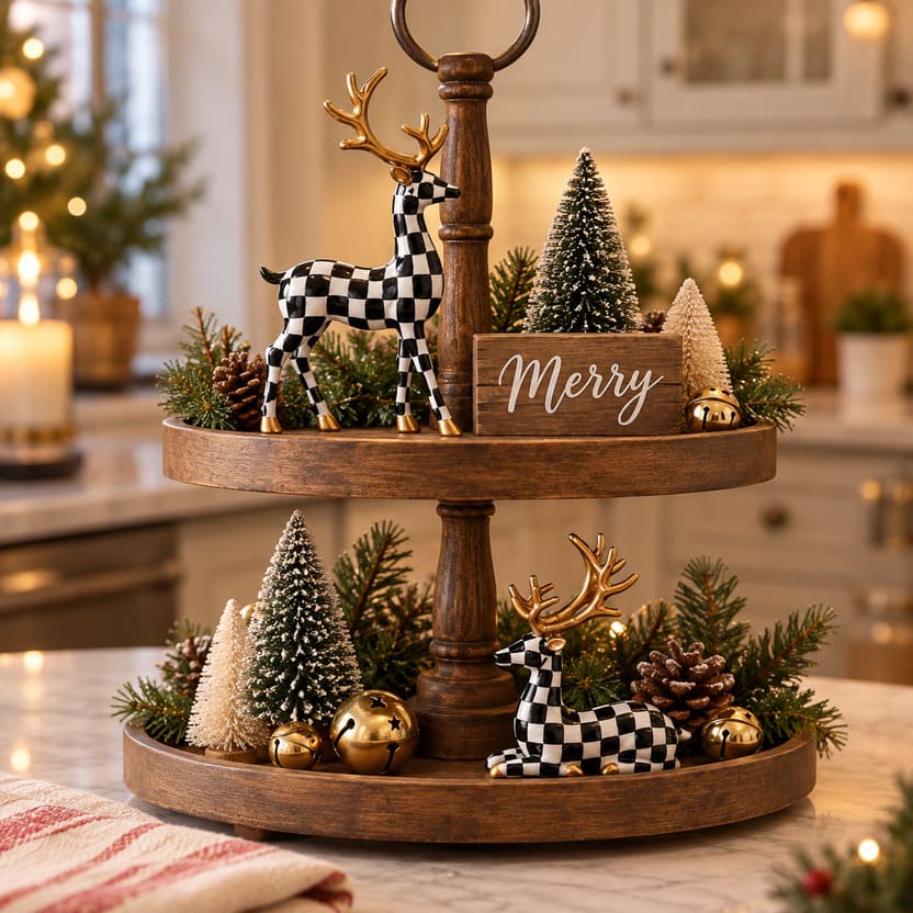 Black And White Checkered Deer Figurines Set For Christmas Decor