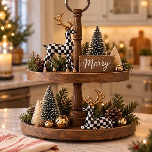 Black And White Checkered Deer Figurines Set For Christmas Decor