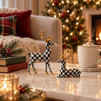 Black And White Checkered Deer Figurines Set For Christmas Decor