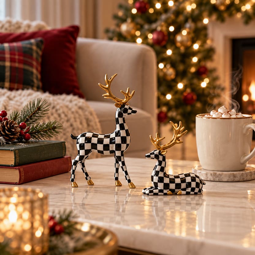 Black And White Checkered Deer Figurines Set For Christmas Decor